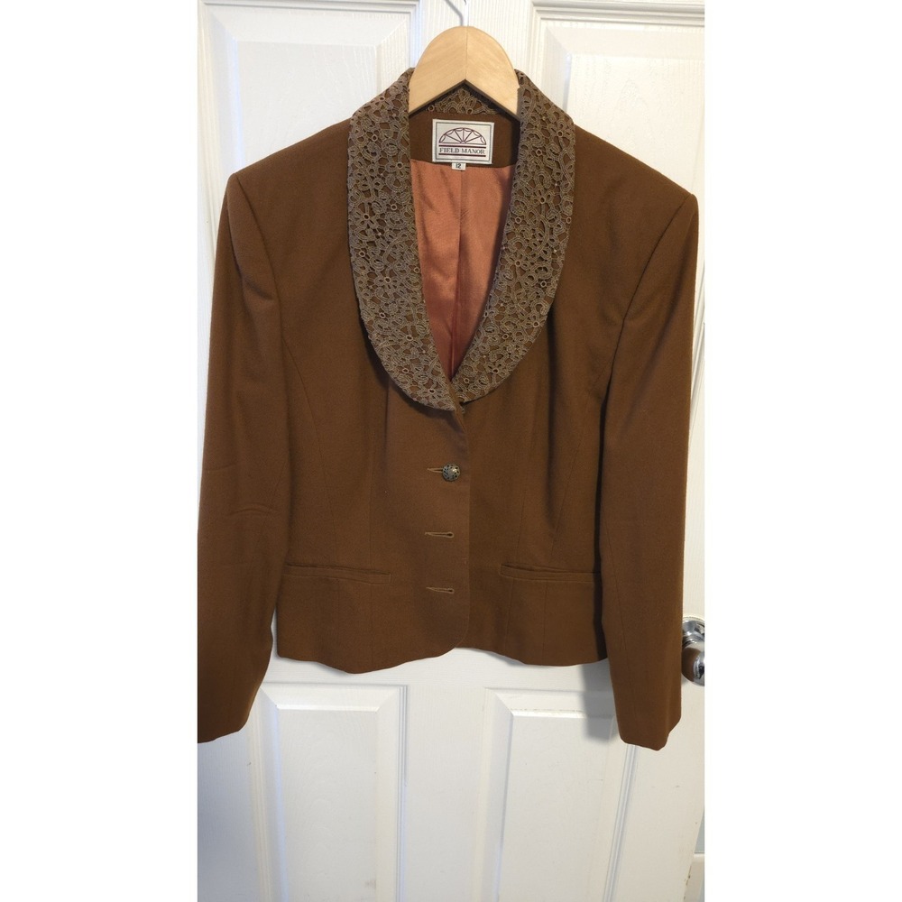 Vintage Field Manor 100% Wool Blazer Size 12 Brown Lace Collar Made in USA